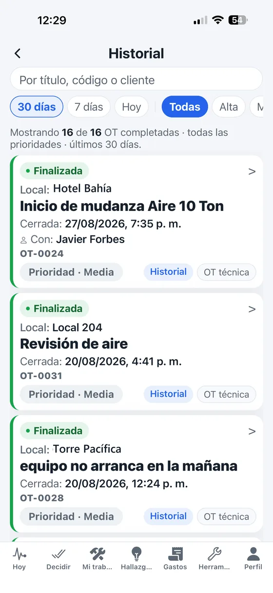 Historial de órdenes completadas con fecha de cierre